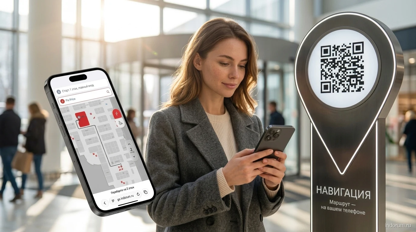 Гостья сканирует QR-навигацию у входа торгового центра и получает маршрут на телефоне
