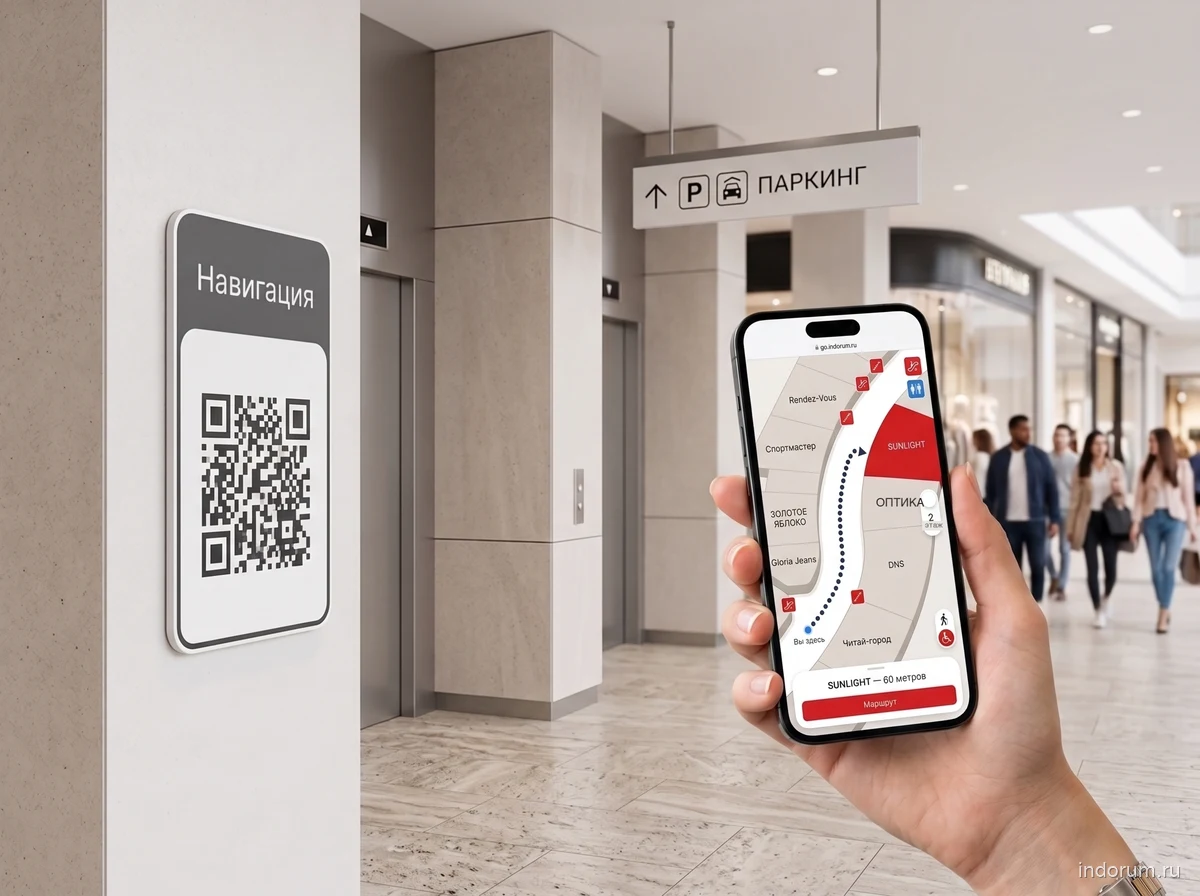 QR-якорь ИНДОРУМ у лифтов торгового центра и мобильная навигация на телефоне