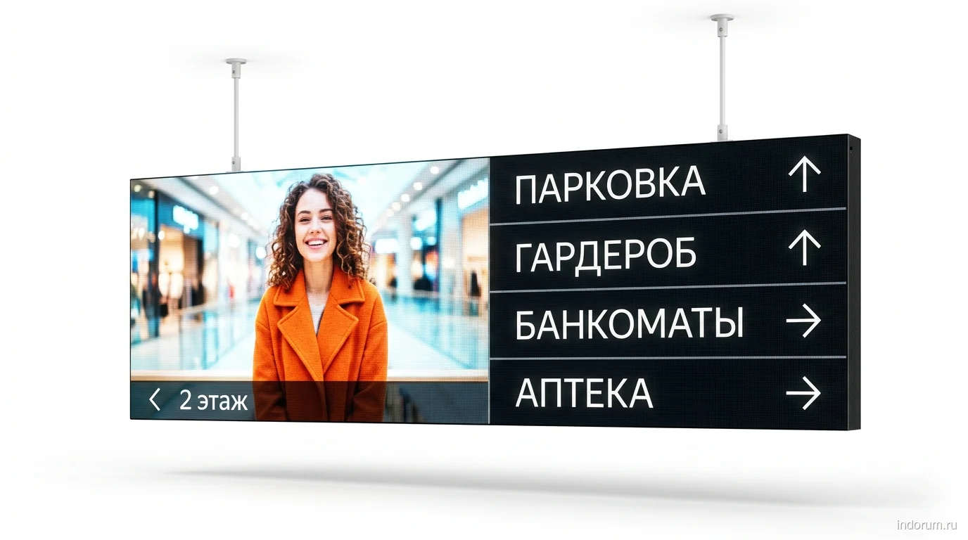 Индорум Указатель: безрамочная светодиодная панель на двух штангах, реклама слева и четыре направления справа